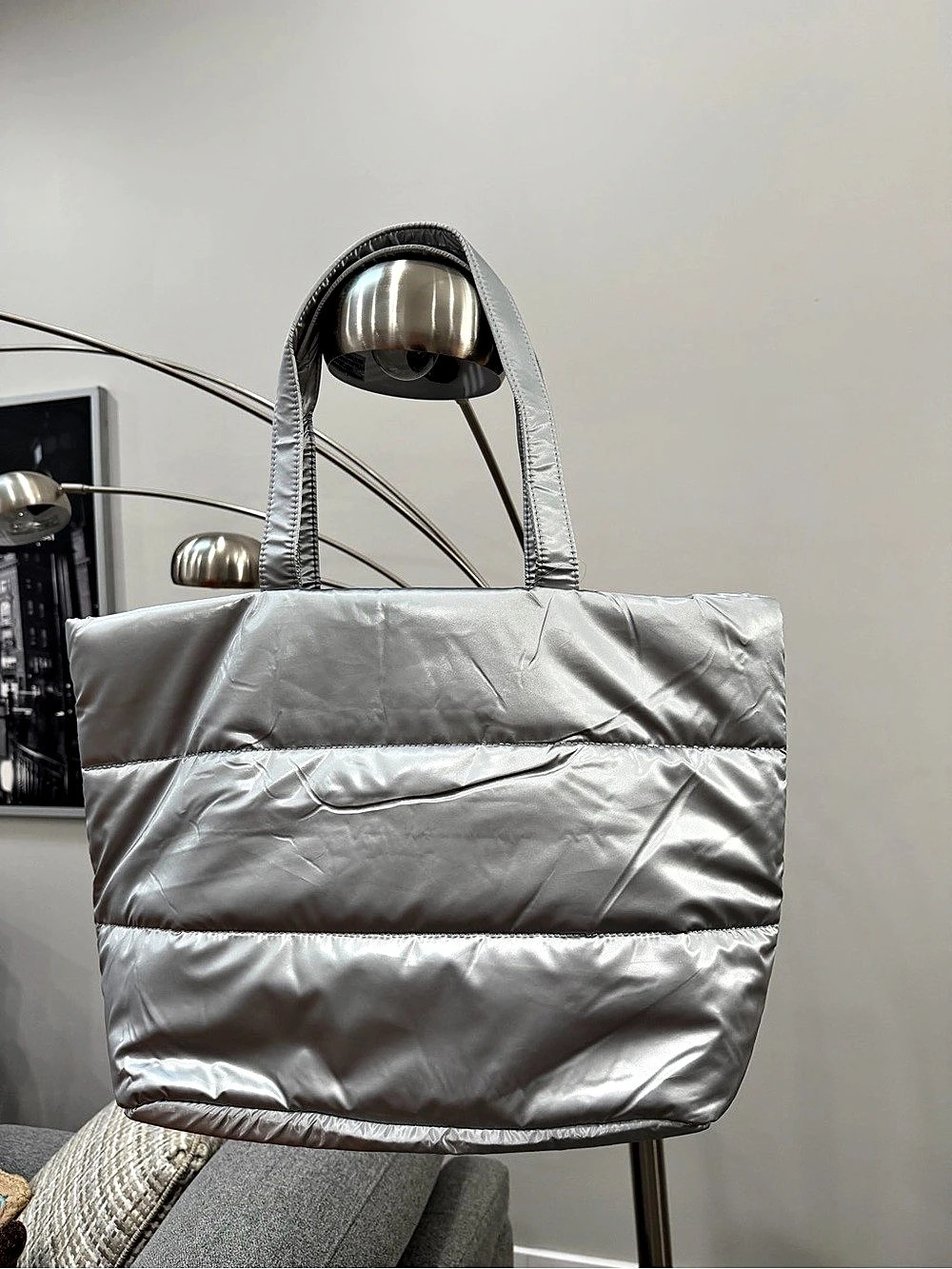 Gap Metallic Puffer Tote Bag Silver